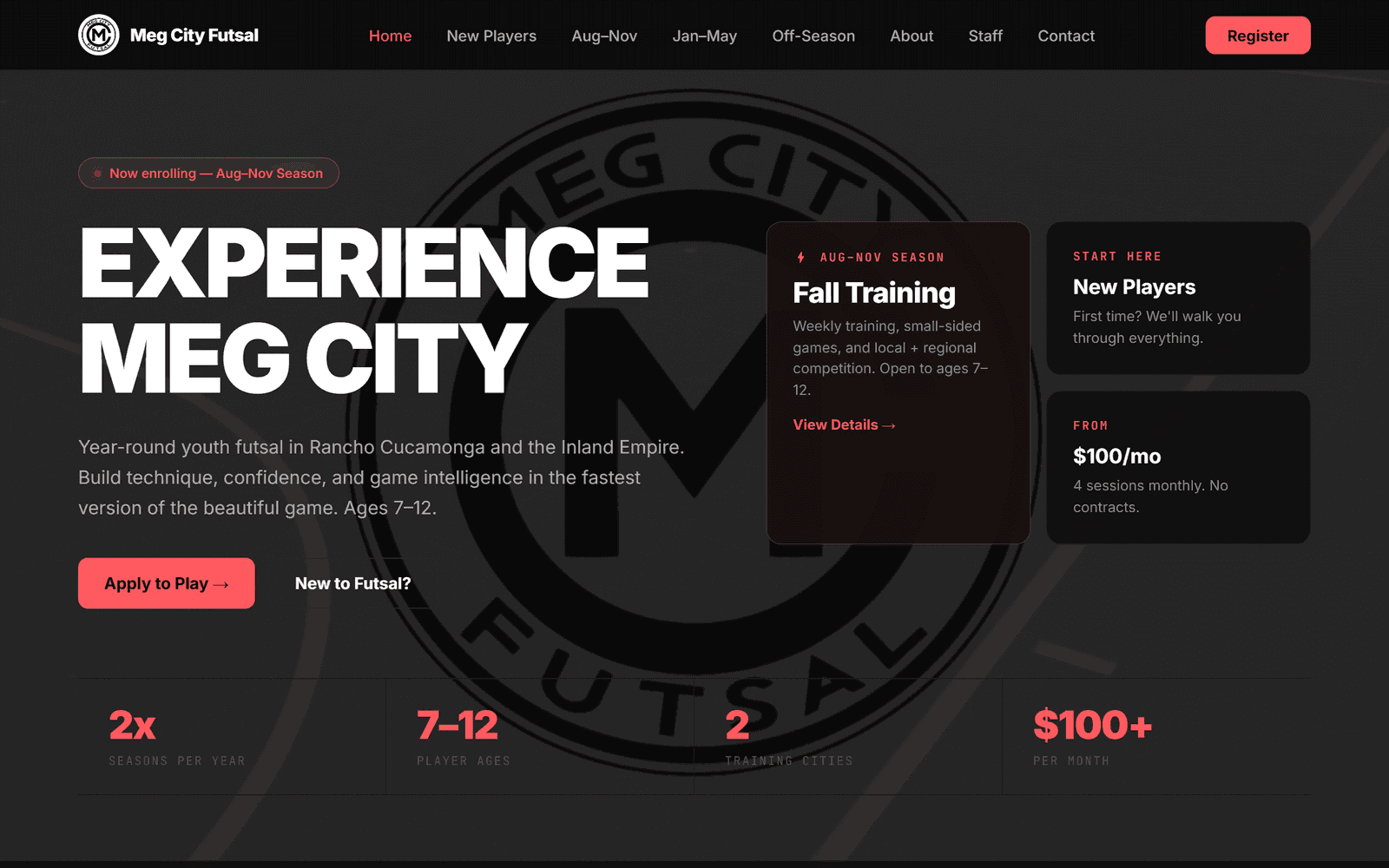 Screenshot of the Meg City Futsal website