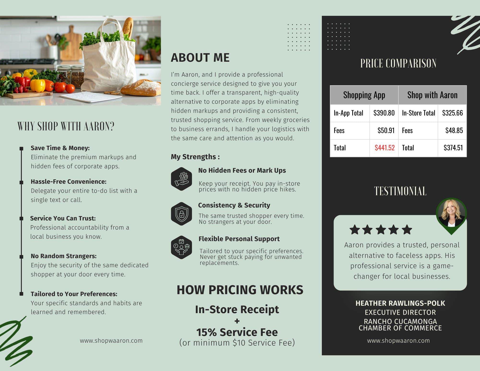 Trifold brochure inner panels: about, pricing, and price comparison