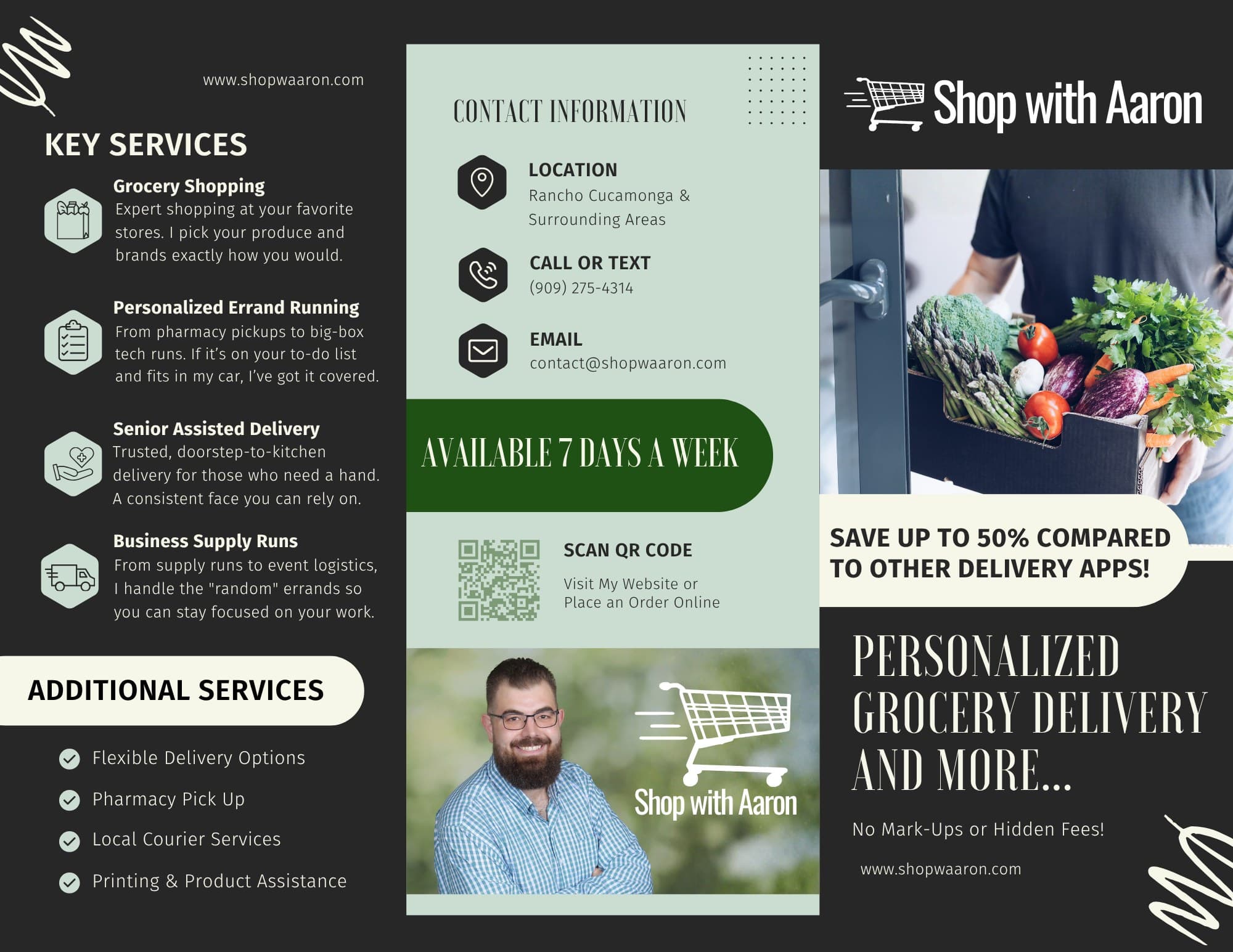 Trifold brochure outer panels: cover, key services, and contact information