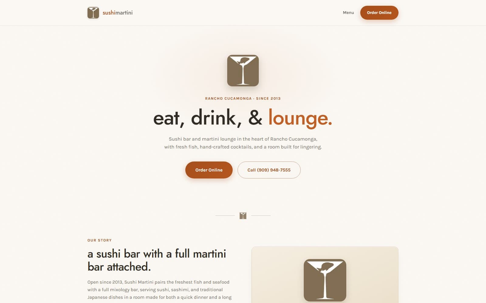 Sushi Martini homepage with hero, story section, and call-to-action buttons