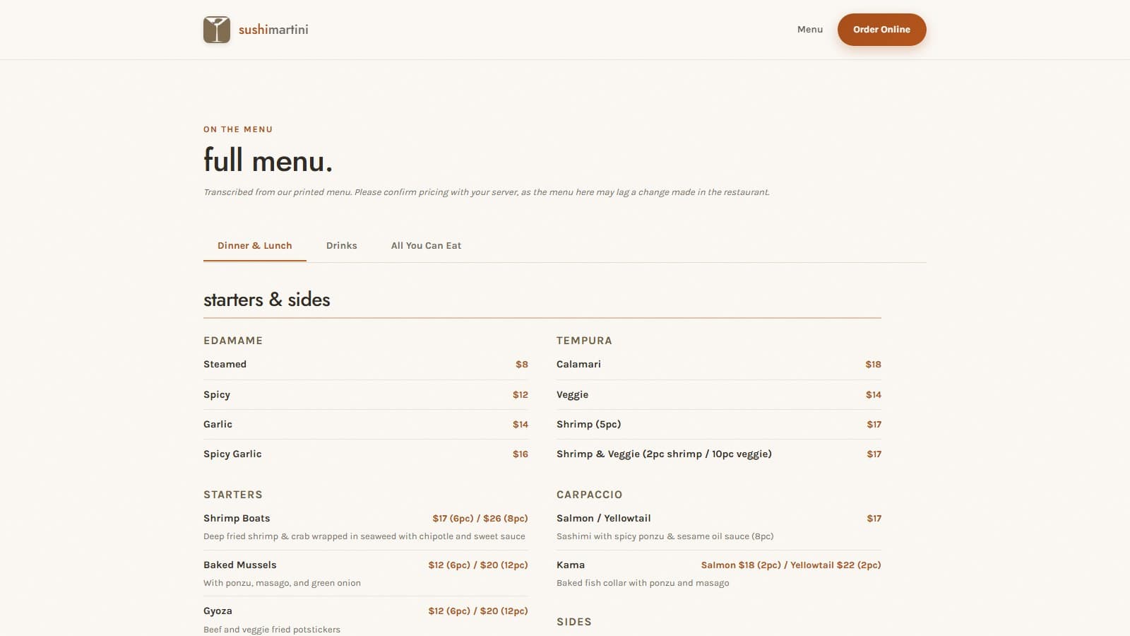 Sushi Martini digital menu page with tabbed food, drinks, and all-you-can-eat sections