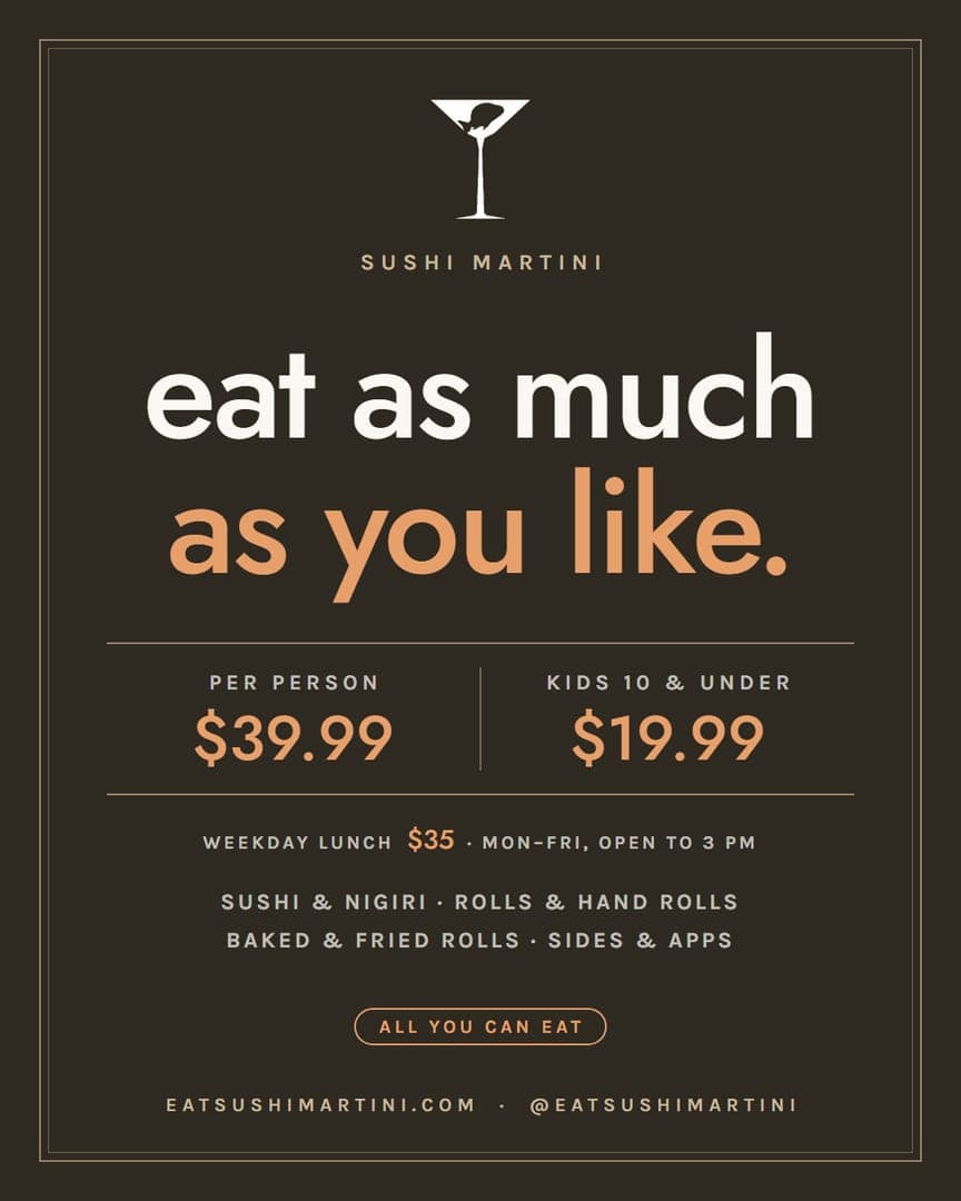 Sushi Martini all-you-can-eat post: charcoal card layout with the headline eat as much as you like