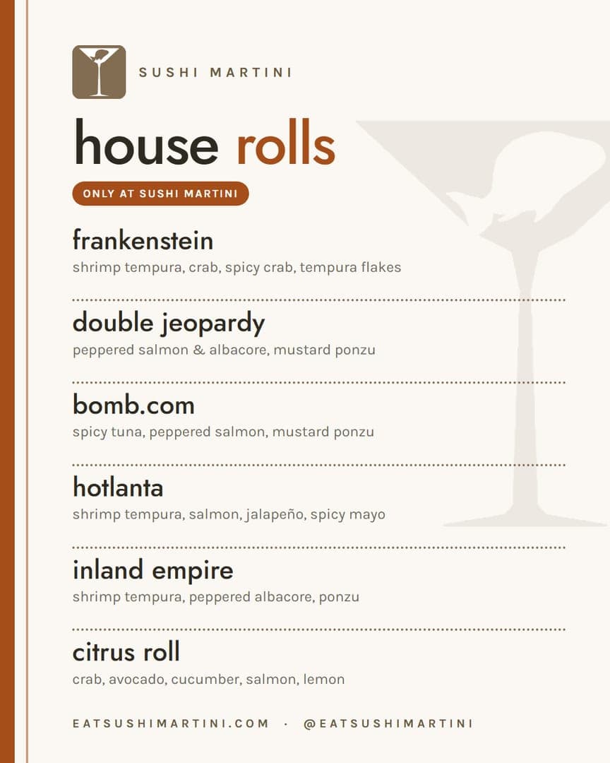Sushi Martini house rolls post: cream poster layout listing the house rolls