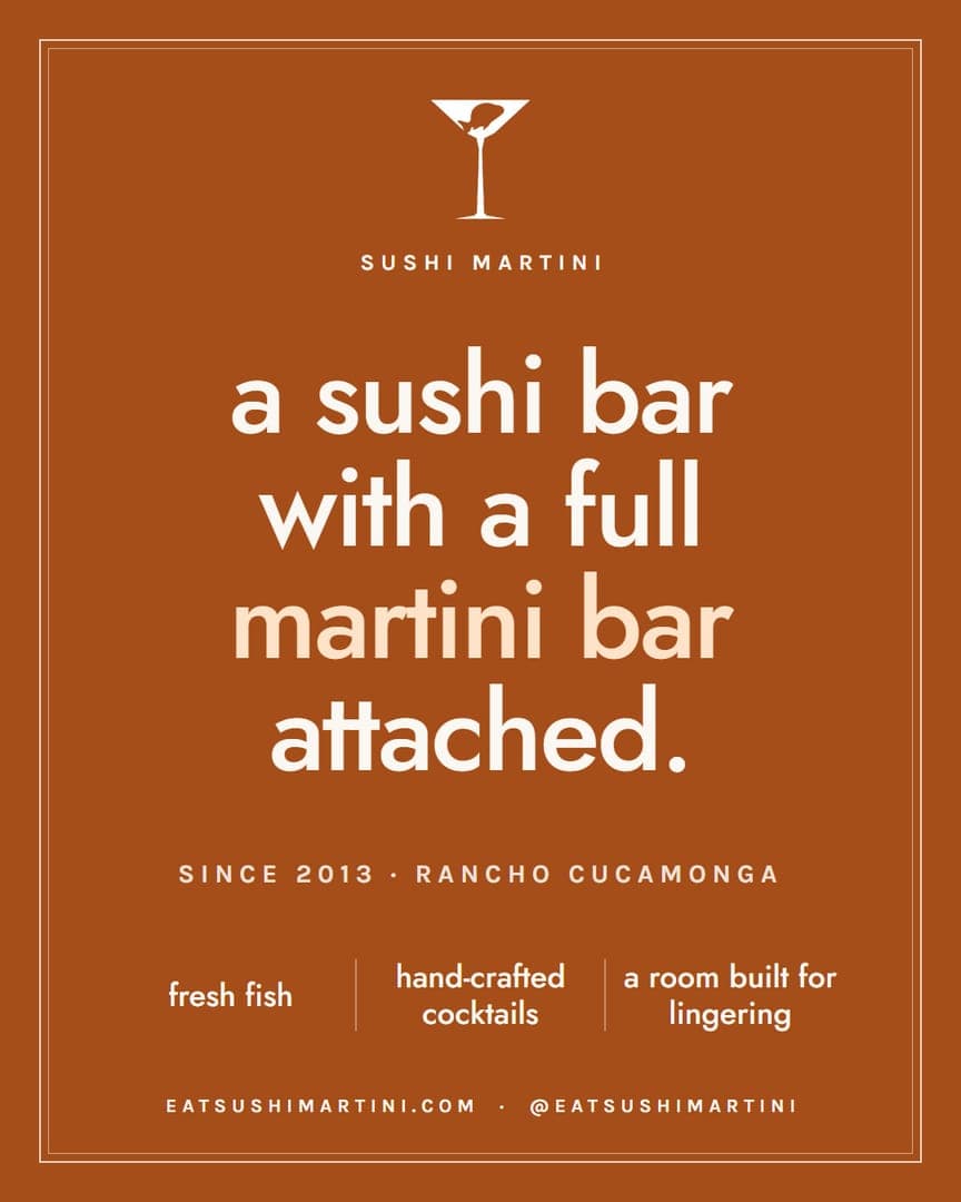 Sushi Martini brand post: ember card layout reading a sushi bar with a full martini bar attached