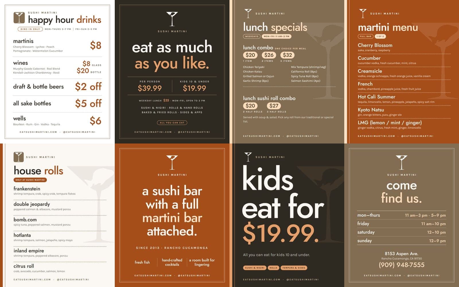 Eight Sushi Martini social media posts in a grid, in card and poster layouts and four colorways